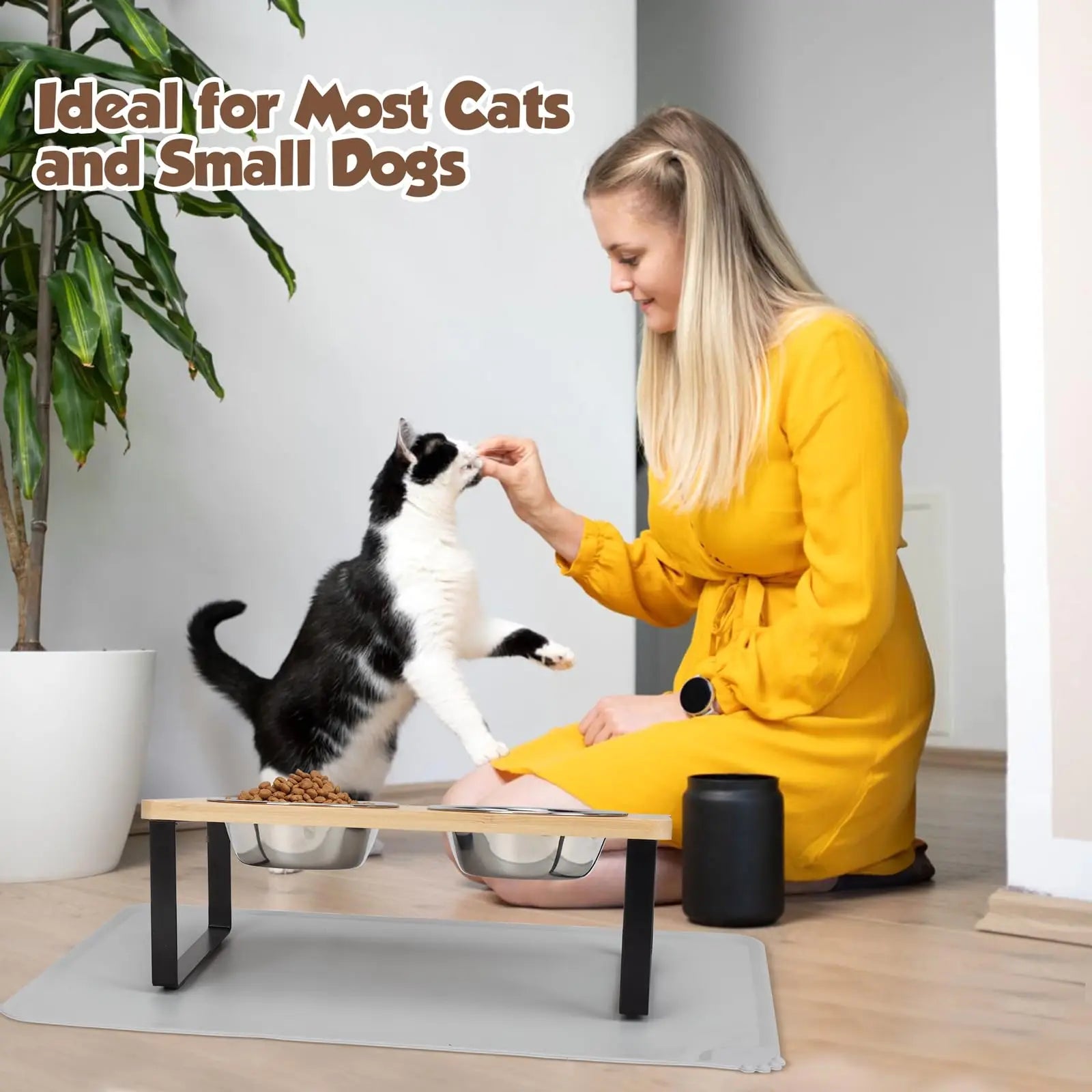 Comedero Elevado para Gatos – Soporte Inclinado 15° con 2 Cuencos de Acero Inoxidable