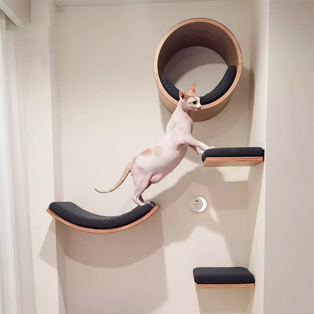 Árbol para Gatos de Pared – Estantes de Madera con Rascador, Hamaca y Escalera Flotante